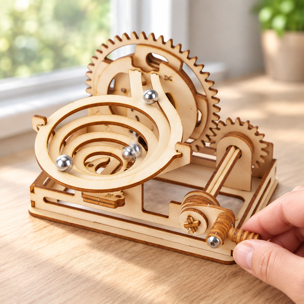 Hand turning the crank on the marble run