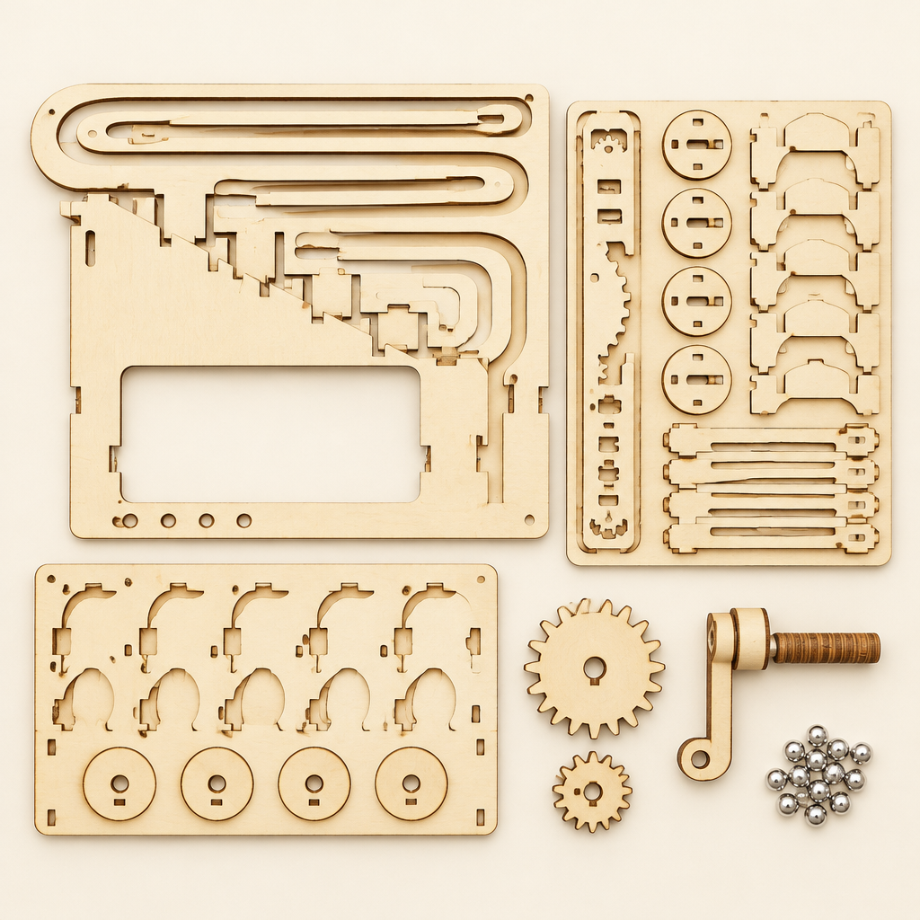 Everything included in the marble run kit, flat lay