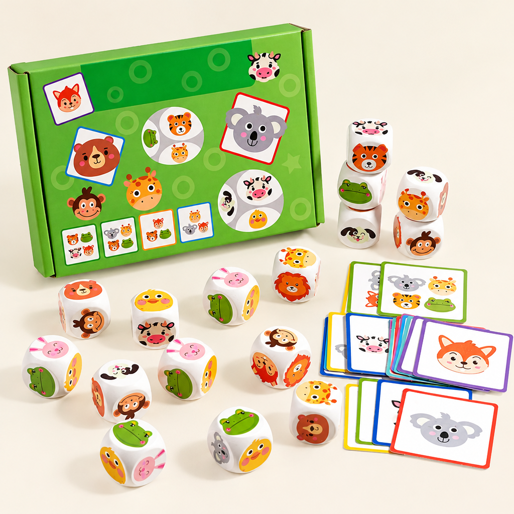 Montessori wooden animal dice matching game with cards