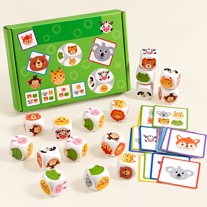 Montessori wooden animal dice matching game with cards