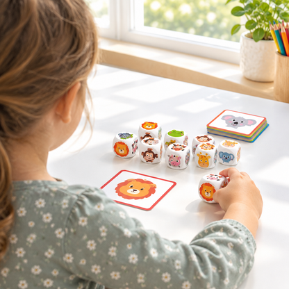 Child playing the animal dice game, seen from behind