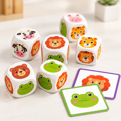 Close-up of wooden animal dice