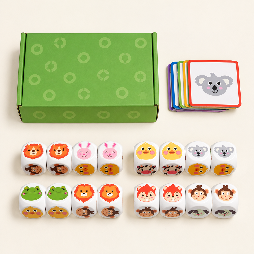 Everything included in the animal dice game, flat lay