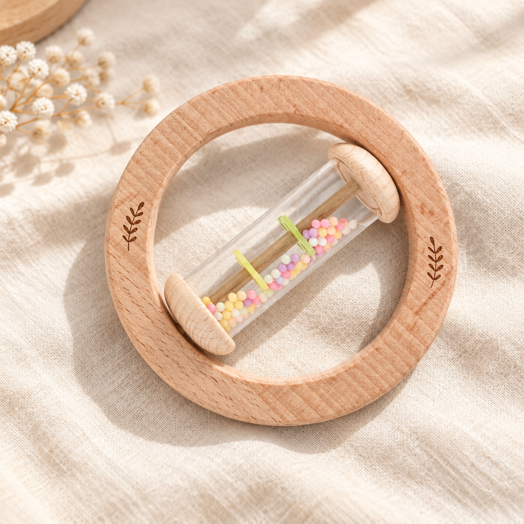 Round wooden ring rattle with colorful beads, Ring Rattle style