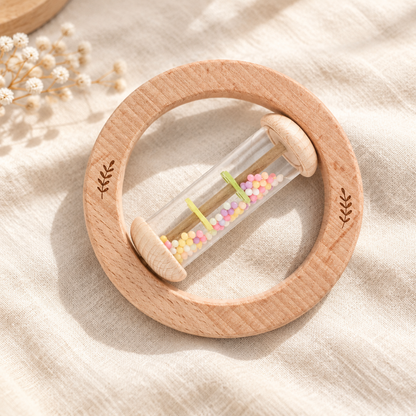 Round wooden ring rattle with colorful beads, Ring Rattle style