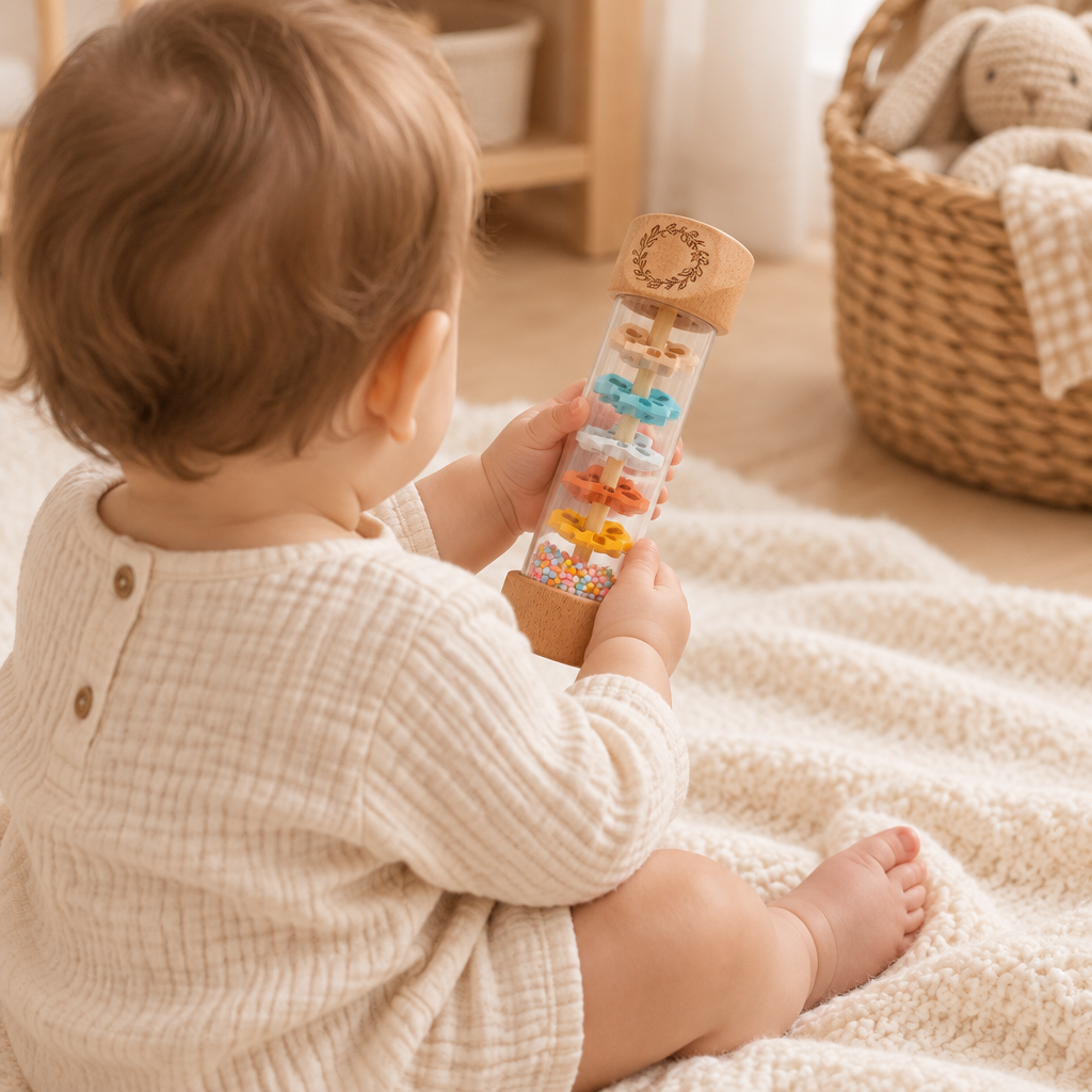 Baby holding the wooden rain stick rattle, seen from behind
