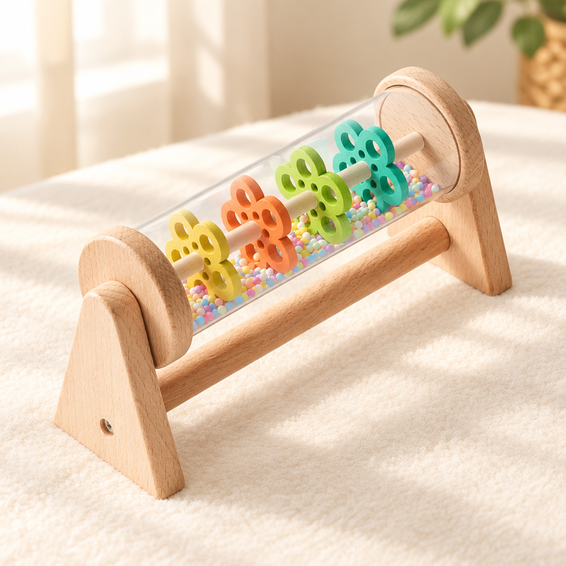 Wooden bead rattle on a triangle stand, Rattle Stand style