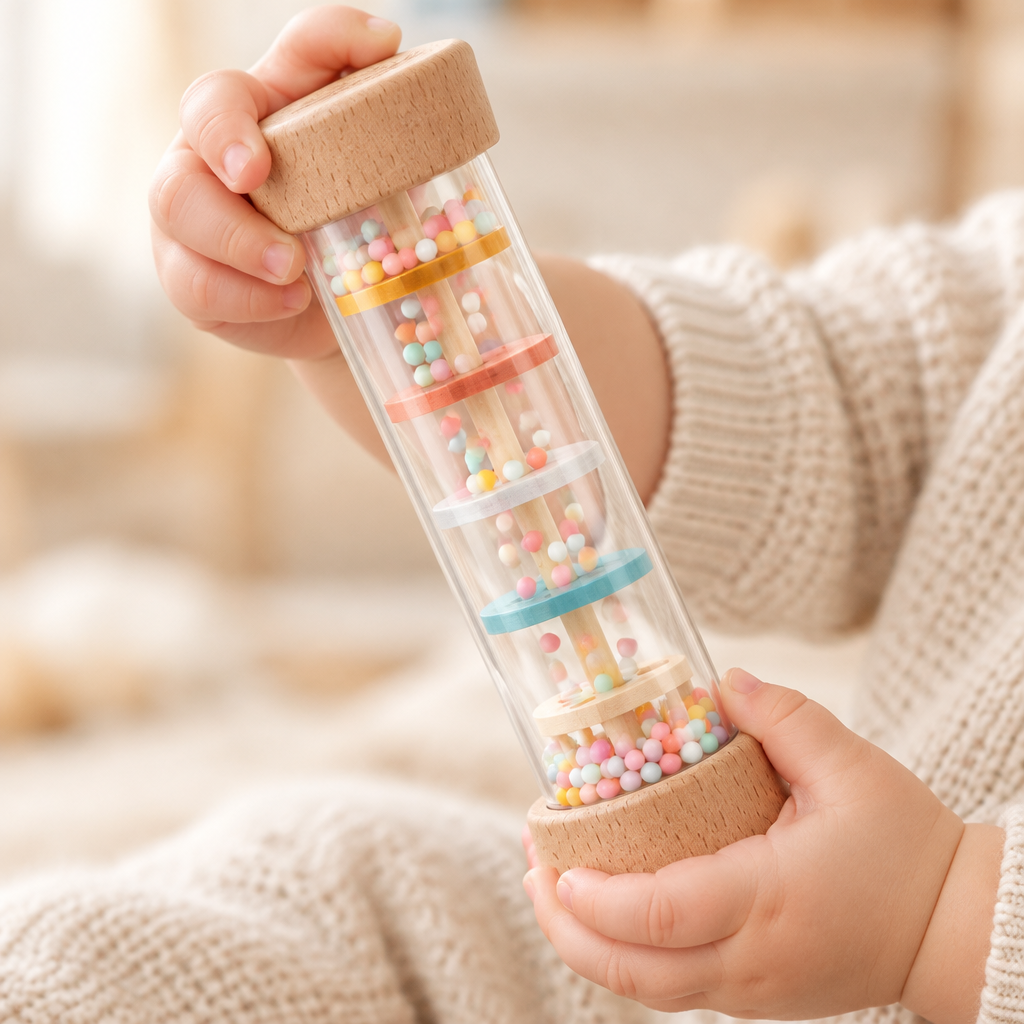 Baby hands tilting the rain stick rattle