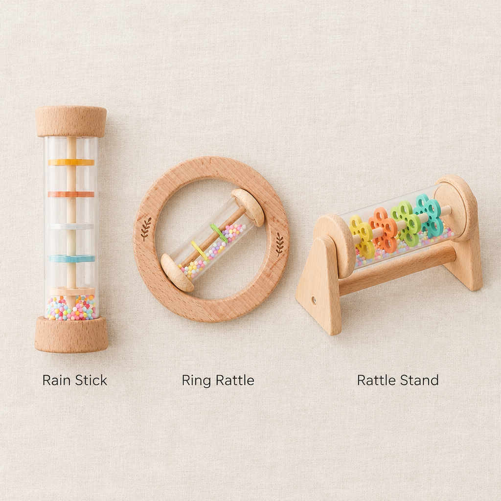 All three rattle styles, Rain Stick, Ring Rattle and Rattle Stand, flat lay