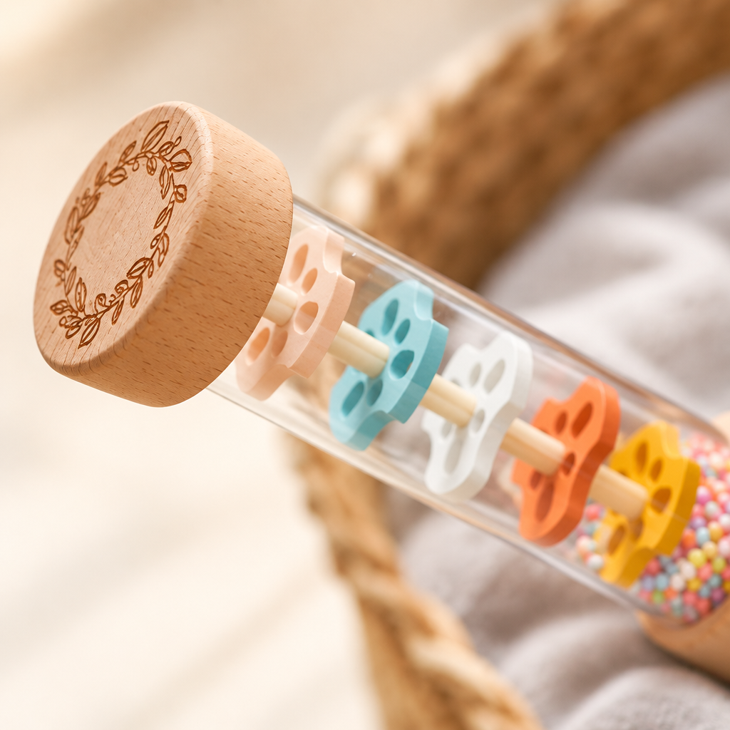 Close-up of colorful beads in the clear rain stick tube