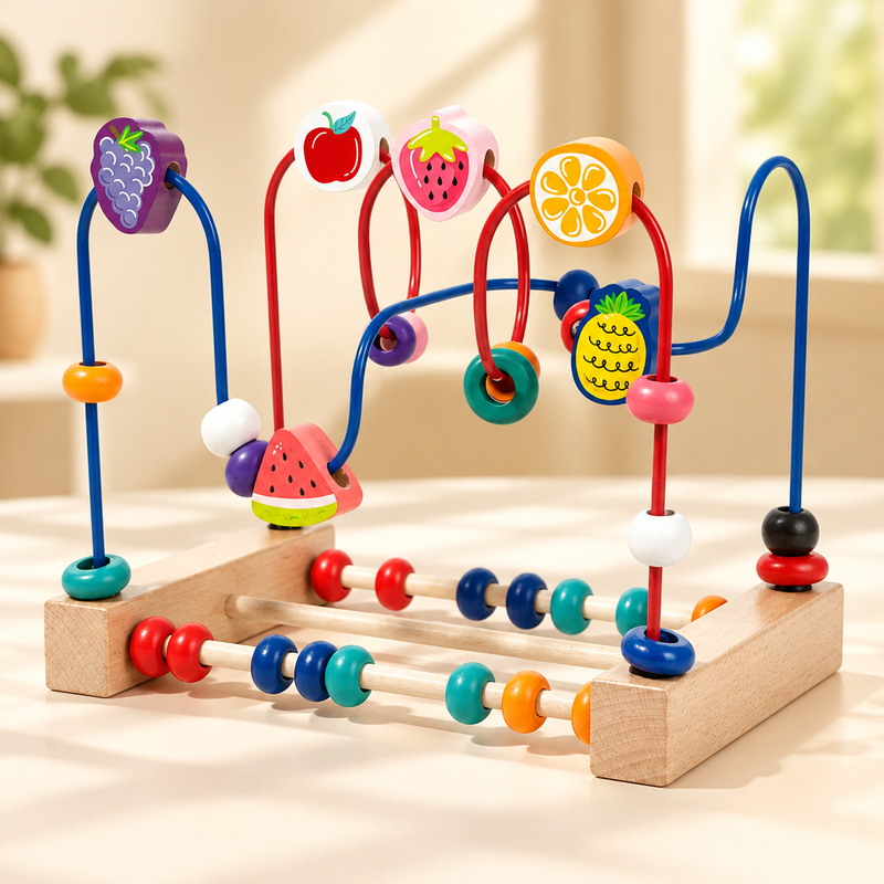 Wooden bead maze with abacus base, Fruits version