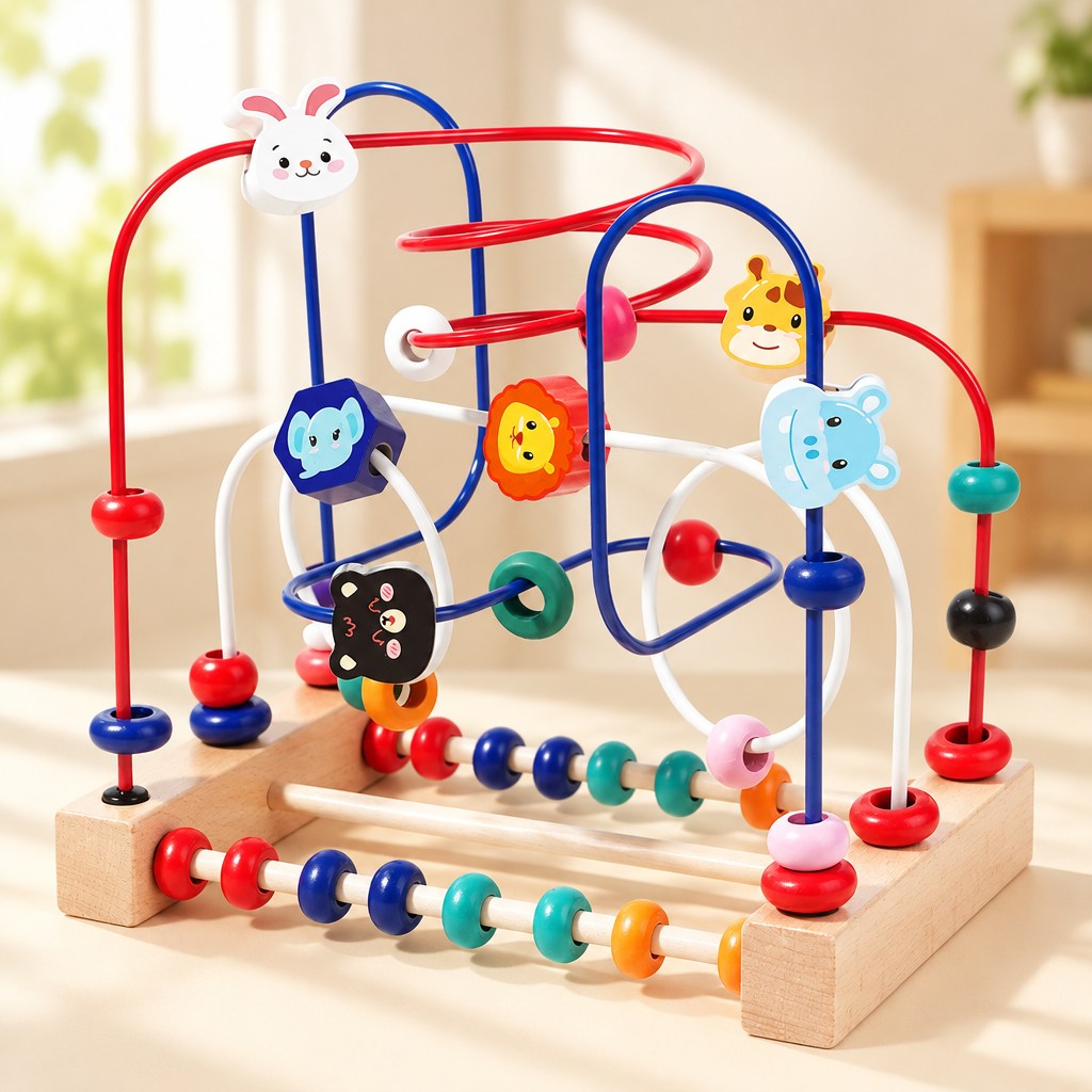Wooden bead maze with abacus base, Animals version
