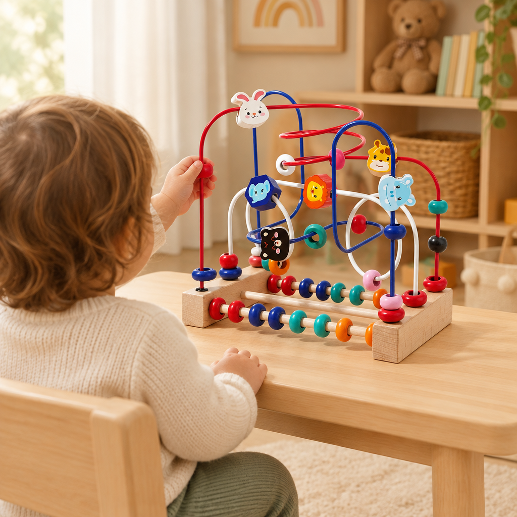 Toddler playing with the wooden bead maze, seen from behind