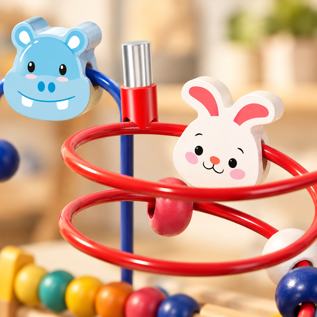 Close-up of animal shapes and wire loops on the bead maze
