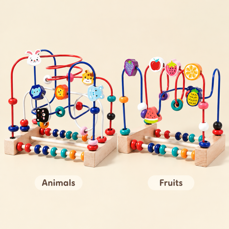 Animals and Fruits versions of the bead maze side by side