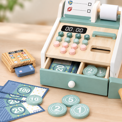 Close-up of the wooden cash register keys, coins and play money
