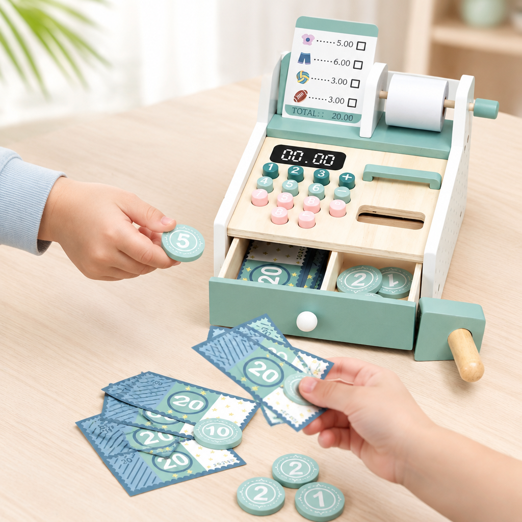 Child's hands handing a wooden coin across the cash register toy