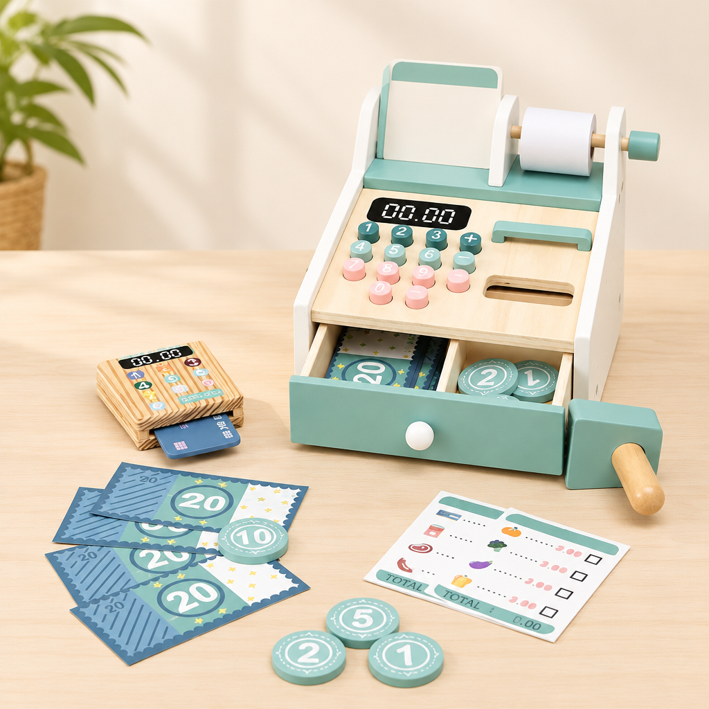 Mint green wooden cash register toy with scanner, play money and coins