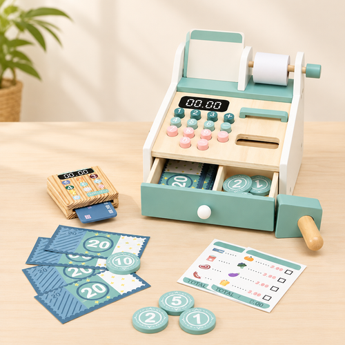 Mint green wooden cash register toy with scanner, play money and coins
