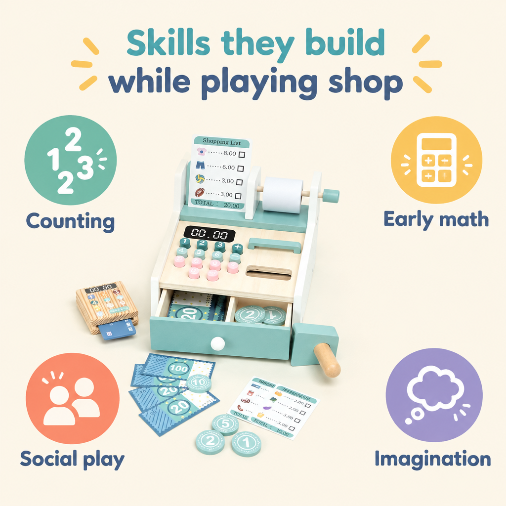 Skills children build playing shop with the wooden cash register