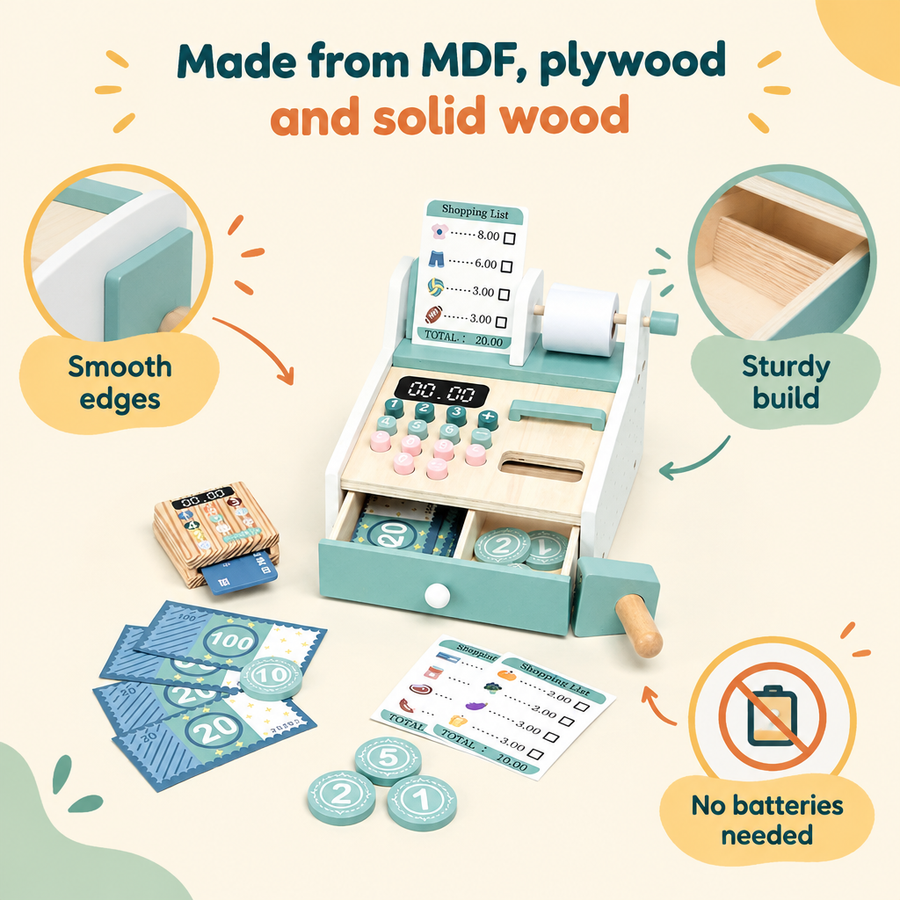 Wooden cash register materials infographic