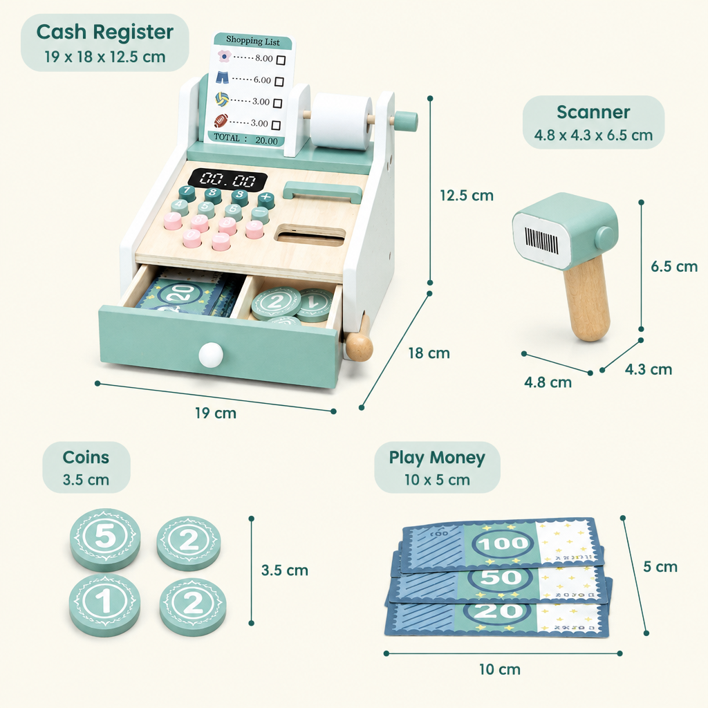Wooden cash register toy dimensions