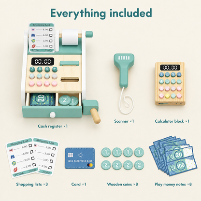 Everything included with the wooden cash register set