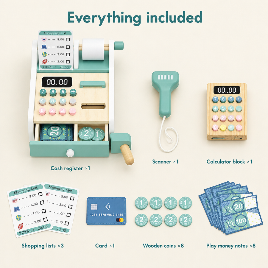 Everything included with the wooden cash register set