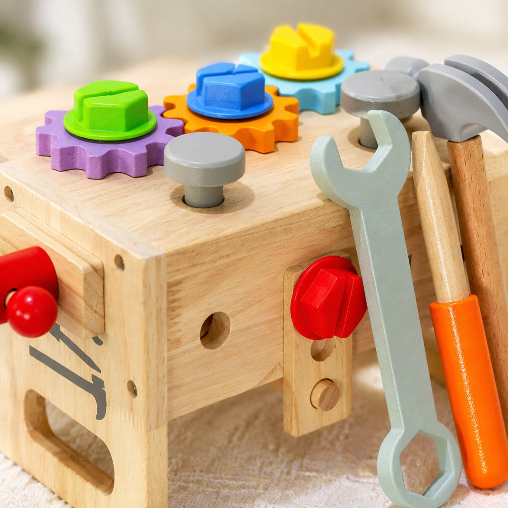 Close-up of colorful nuts, bolts and gears on the wooden toolbox