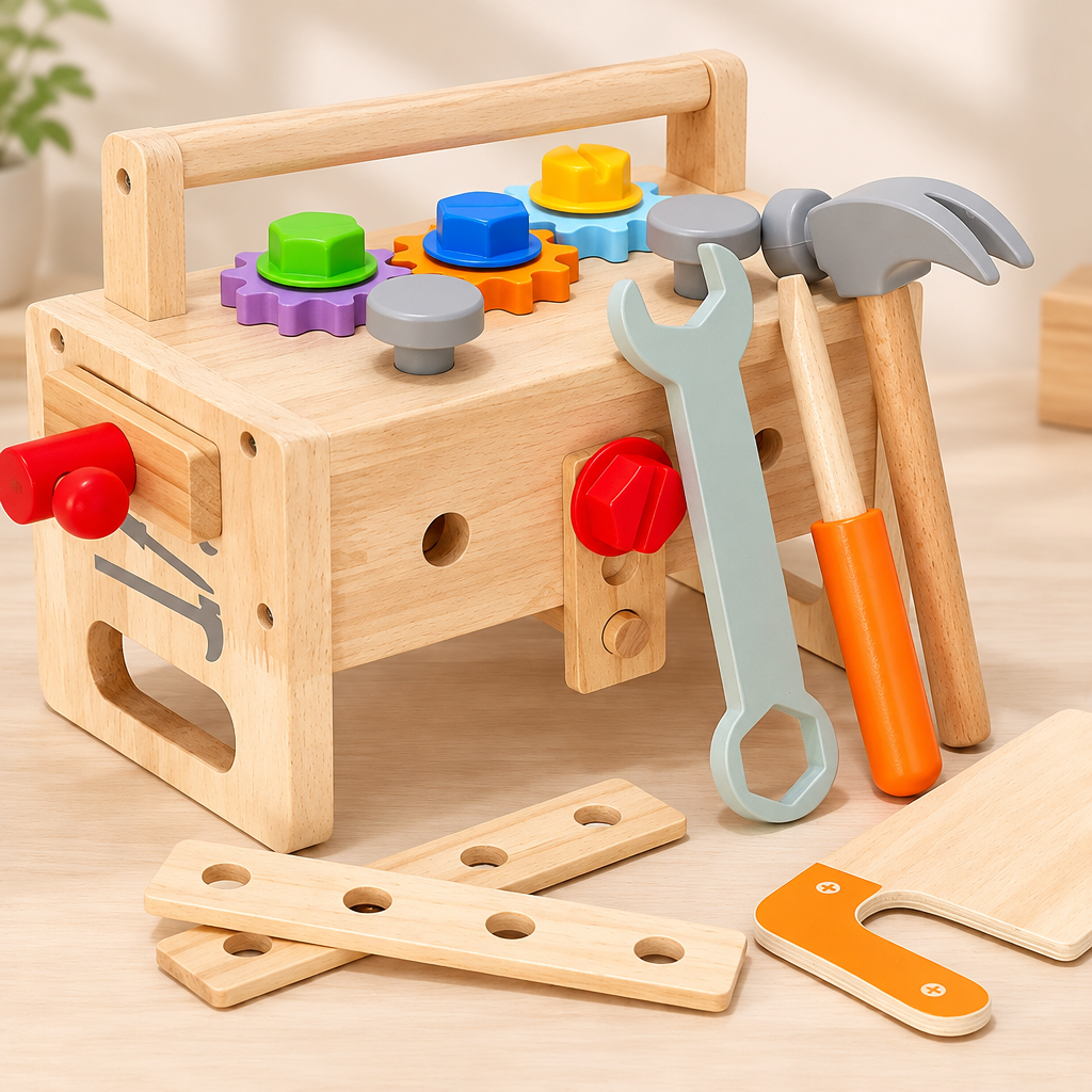 Wooden toolbox toy set with toy tools, nuts, bolts and gears