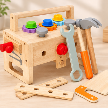 Wooden toolbox toy set with toy tools, nuts, bolts and gears
