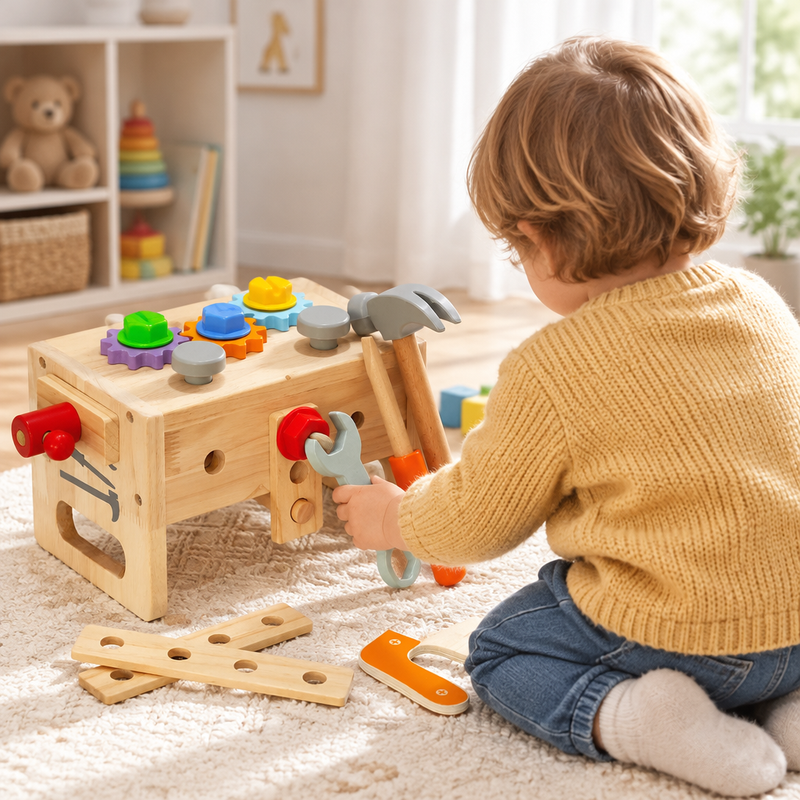 Child playing with the wooden toolbox toy