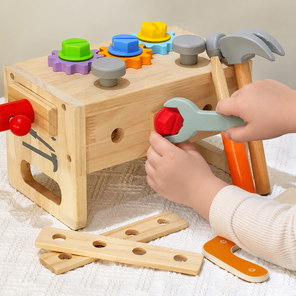 Child's hands twisting a bolt with a toy wrench on the wooden toolbox