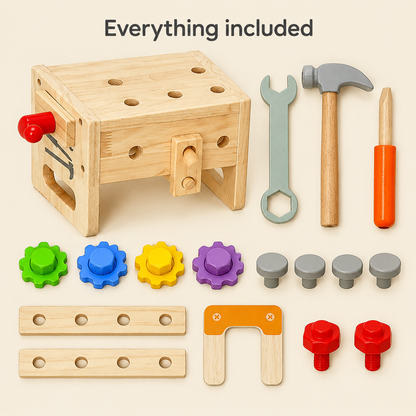 Everything included with the wooden toolbox set
