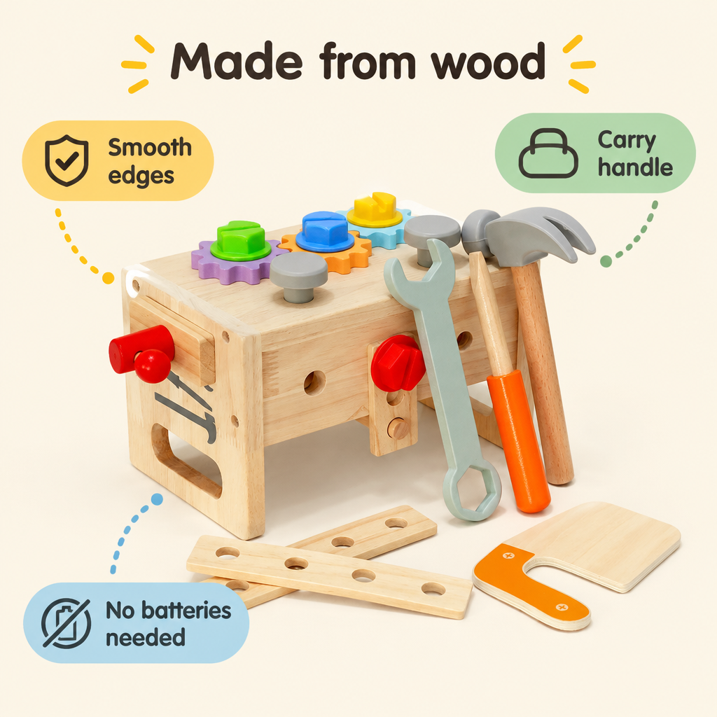Wooden toolbox toy material infographic
