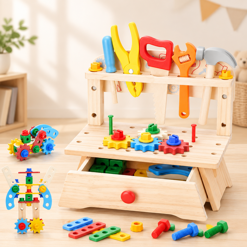 Wooden workbench toy with toy tools, screws, nuts and gears
