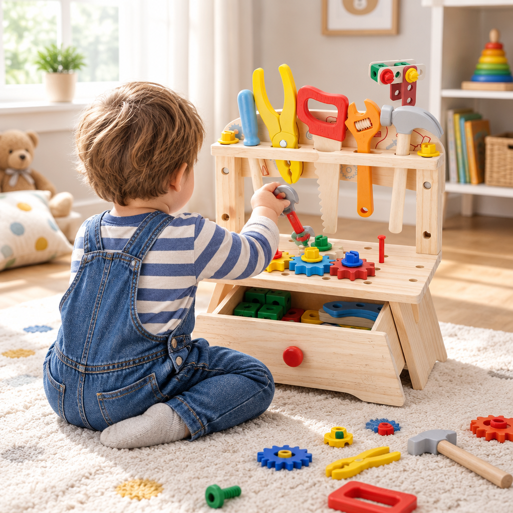 Child playing at the wooden workbench toy