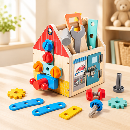 Wooden tool basket toy set with toy tools