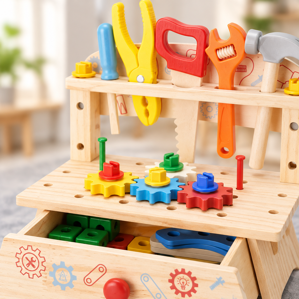 Close-up of toy tools, screws and gears on the wooden workbench