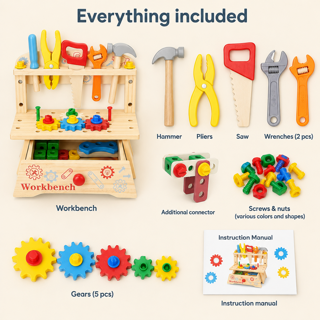 Everything included with the wooden workbench set
