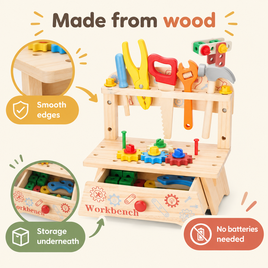 Wooden workbench toy material infographic