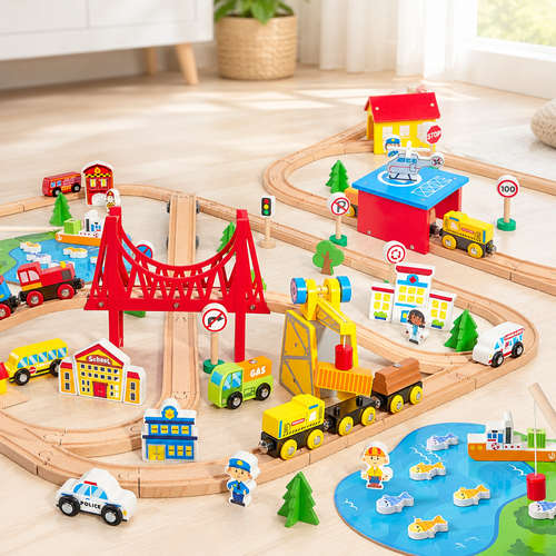 Wooden train track set with magnetic trains, vehicles and fishing pond, 110 piece