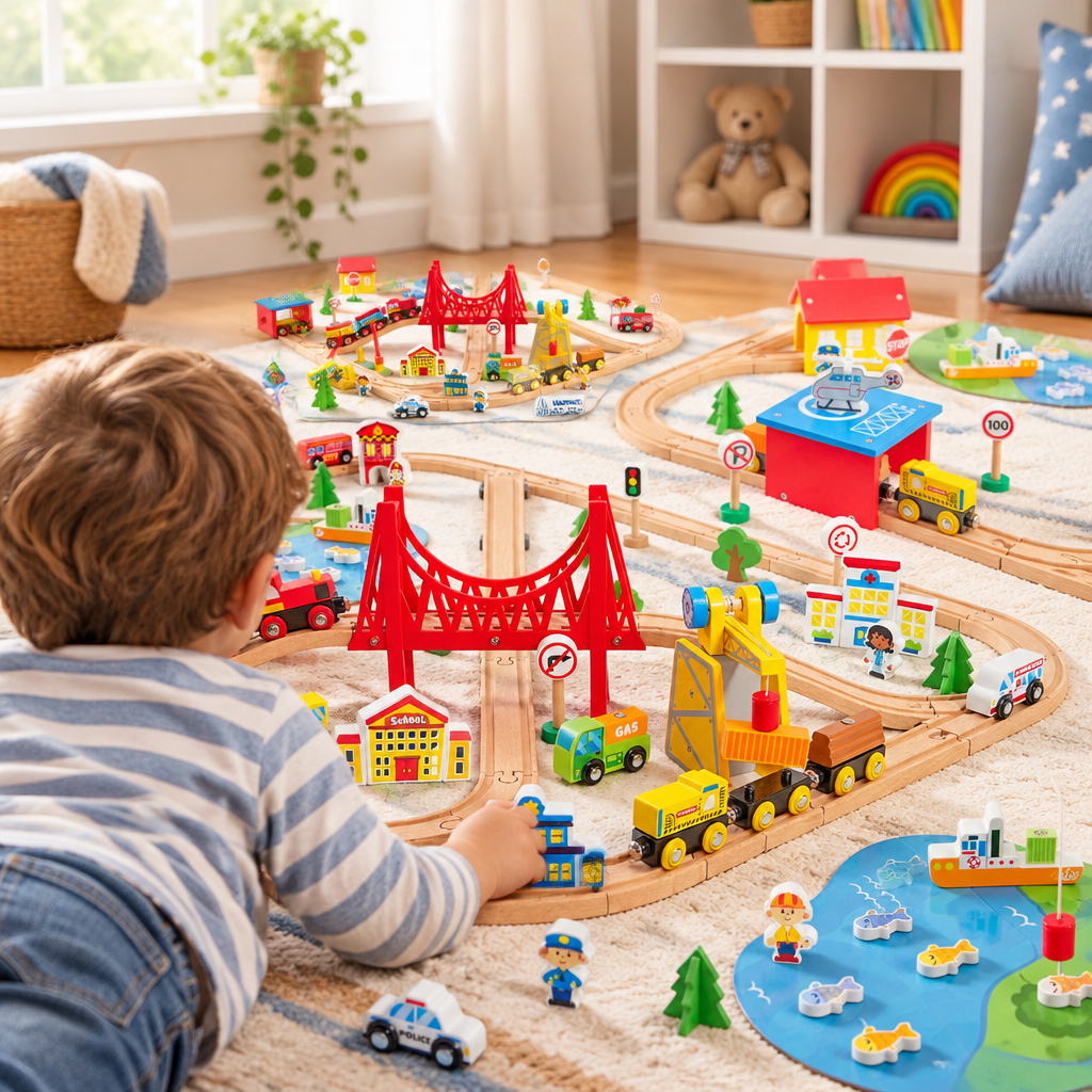 Child playing with the wooden magnetic train set