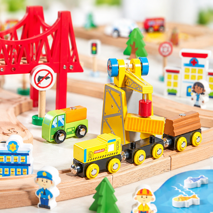 Close-up of magnetic trains and wooden vehicles