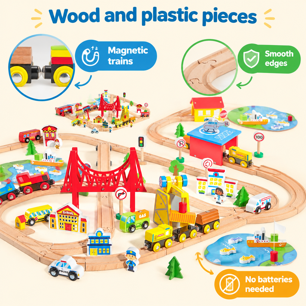 Wooden train set material infographic