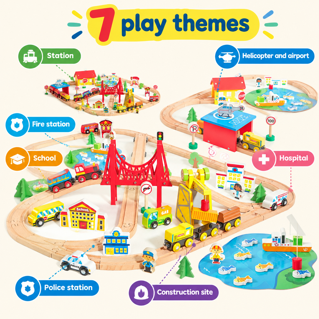 Seven play themes of the wooden train set