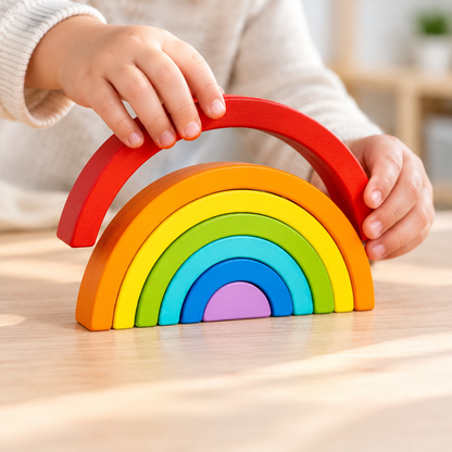 Child's hands stacking wooden rainbow arches