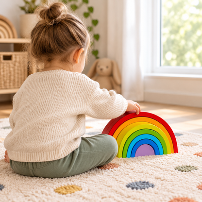 Child stacking wooden rainbow arches on a playroom rug