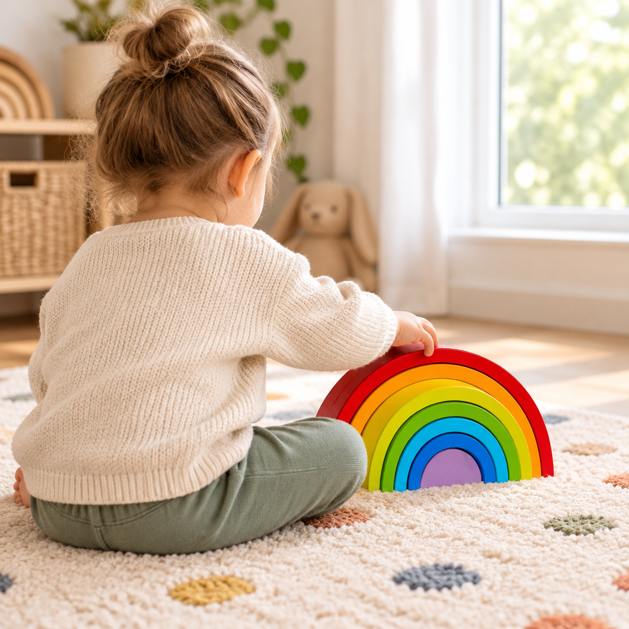 Child stacking wooden rainbow arches on a playroom rug
