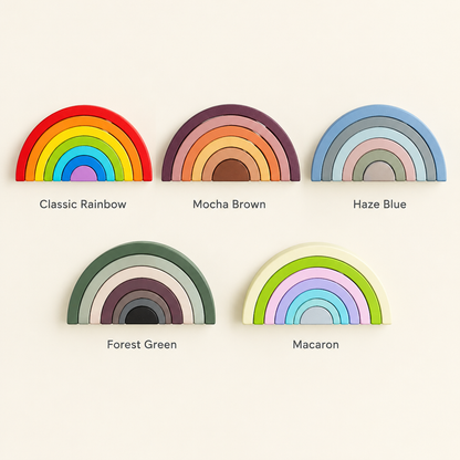 All five color styles of the wooden rainbow arch stacker